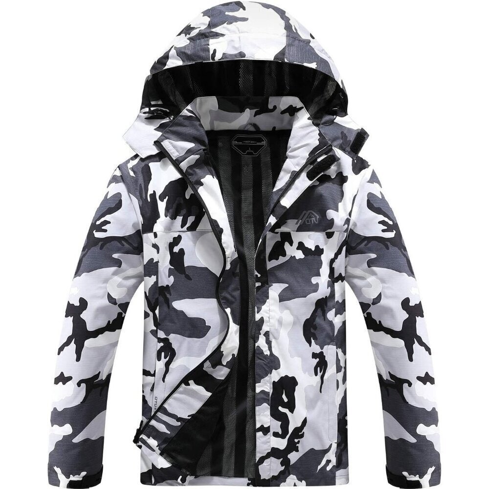 🆕Mens Black Camo Lightweight Waterproof Hooded Rain Jacket Outdoor Hiking Shell